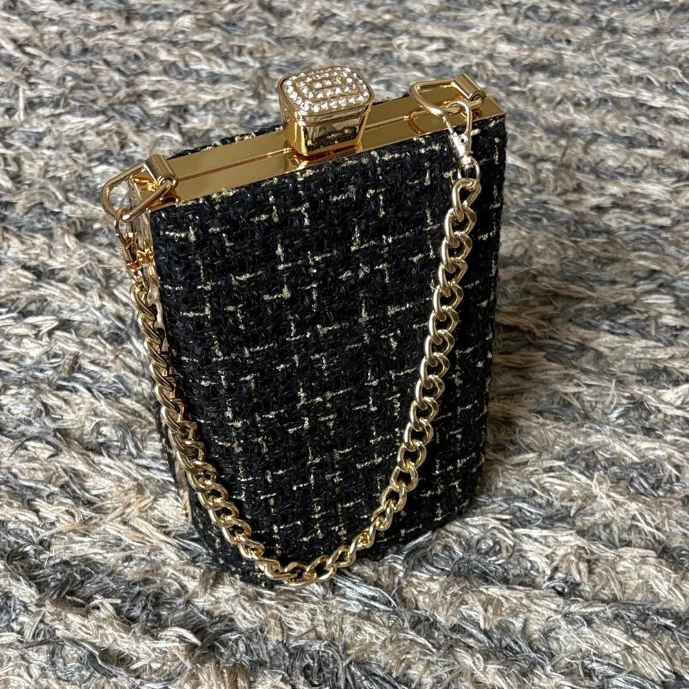 NWOT! Chic Black and Gold Tweed Clutch Gold Hardware with Crystals - Picture 2 of 7